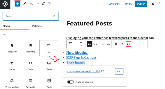 Adicionar bloco de lista