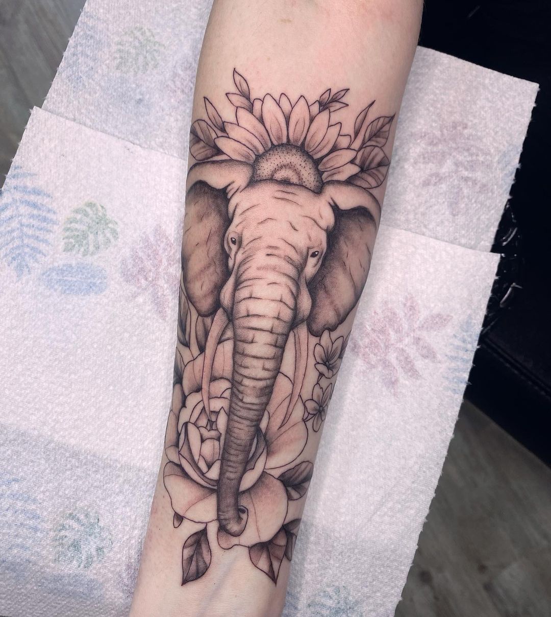 Outlined Floral Elephant Tattoo