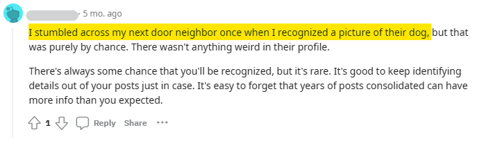 Reddit comment about someone recognizing their neighbor online from their profile picture of their dog