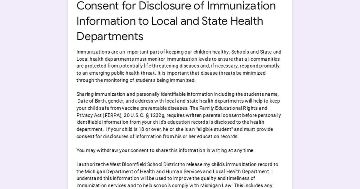 Consent for Disclosure of Immunization Information to Local and State Health Departments