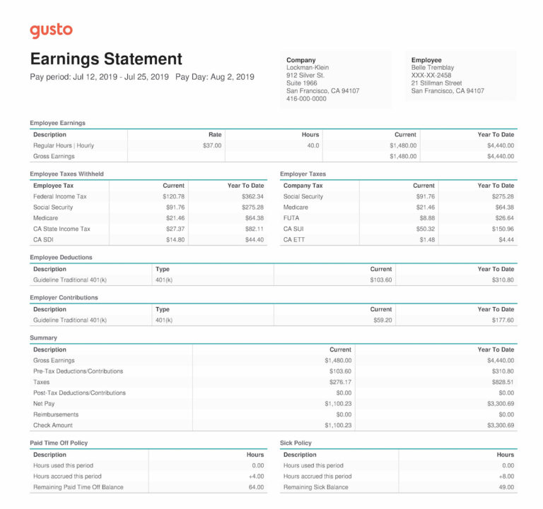 Example of a Gusto Earnings Statement