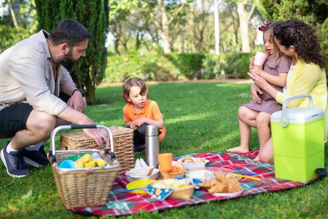 A family of four on a picnic.