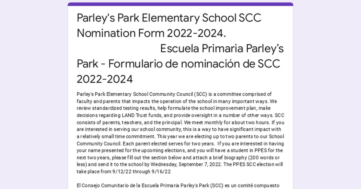 Parley's Park Elementary School SCC Nomination Form 2022-2024. Escuela ...