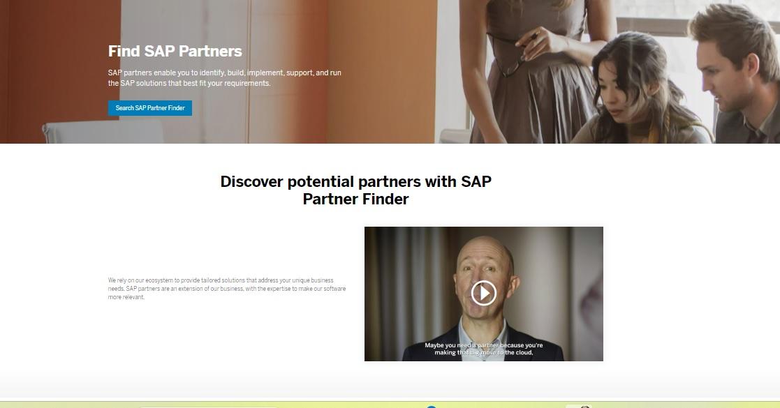 Screenshot of the SAP Partner Finder website, a brand collaboration to help SAP customers find cloud migration/management service providers.