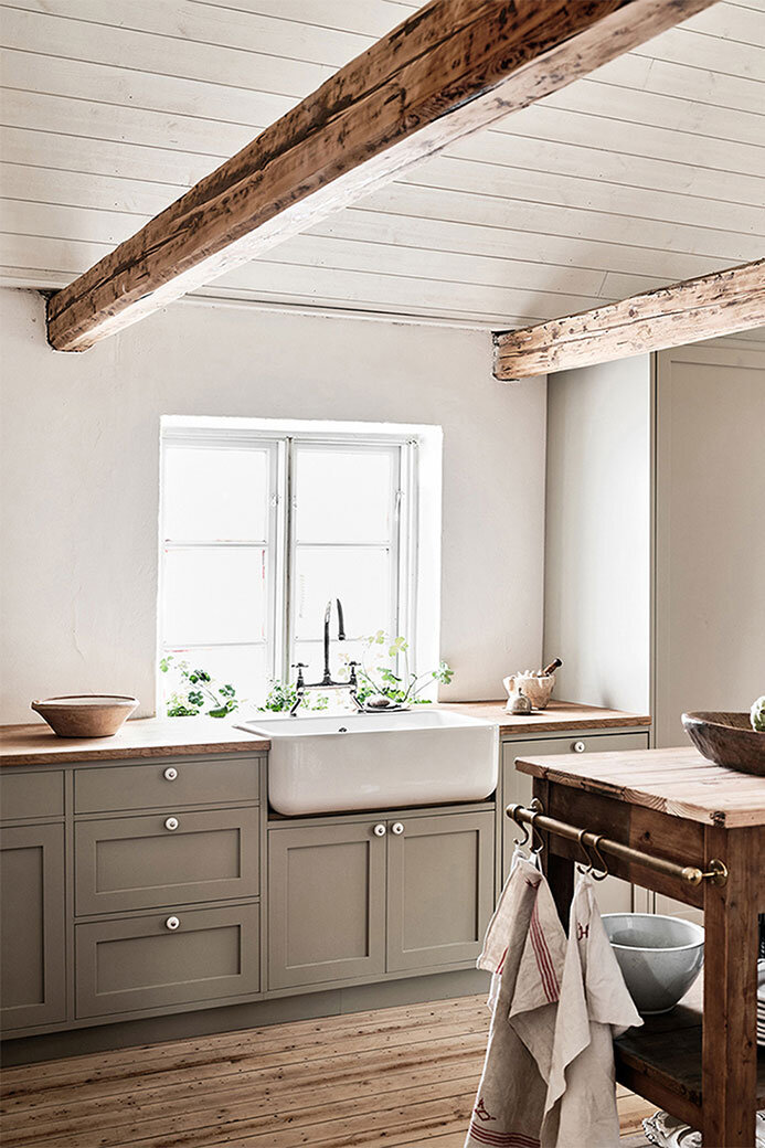 scandinavian farmhouse kitchen with shiplap ceiling, exposed wood beams, grey shaker cabinets, wood countertops and wood floors