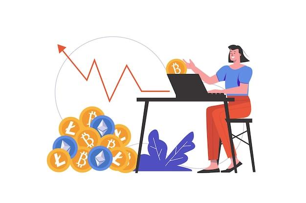 Premium Vector | Cryptocurrency mining concept. woman earns in crypto  business, buys or sells digital money, people scene isolated. blockchain  technology and bitcoin mining. vector illustration in flat minimal design