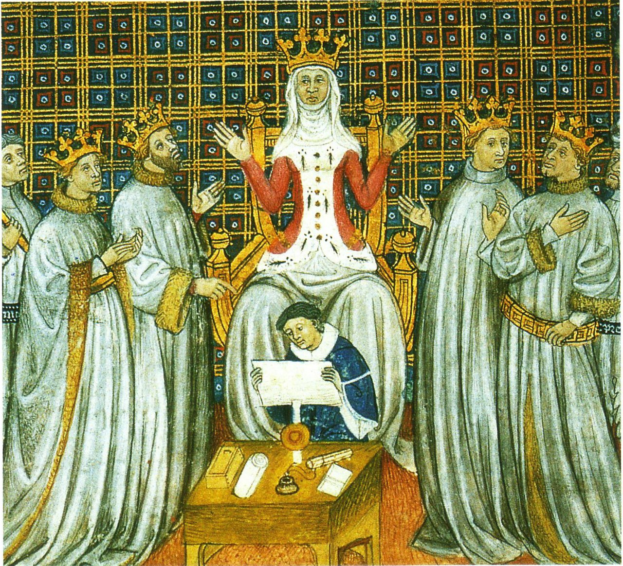 The partition of the Frankish kingdom among the four sons of Clovis with Clotilde presiding, Grandes Chroniques de Saint-Denis (Bibliothèque municipale de Toulouse).