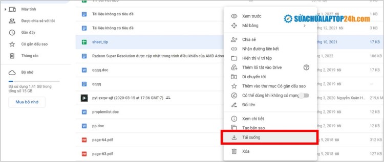 Tải xuống tệp Google Trang Tính trên Drive