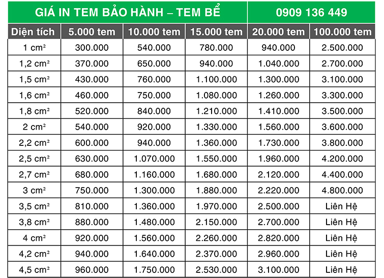 Bảng giá in tem bảo hành giá rẻ nhất