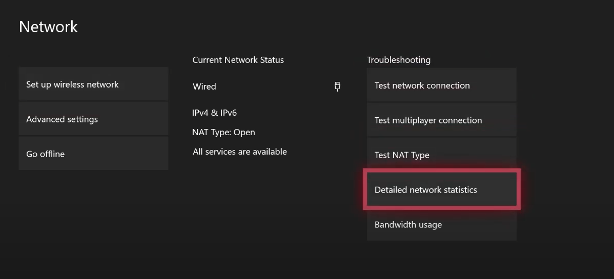 xBox Network Settings Detailed statistics