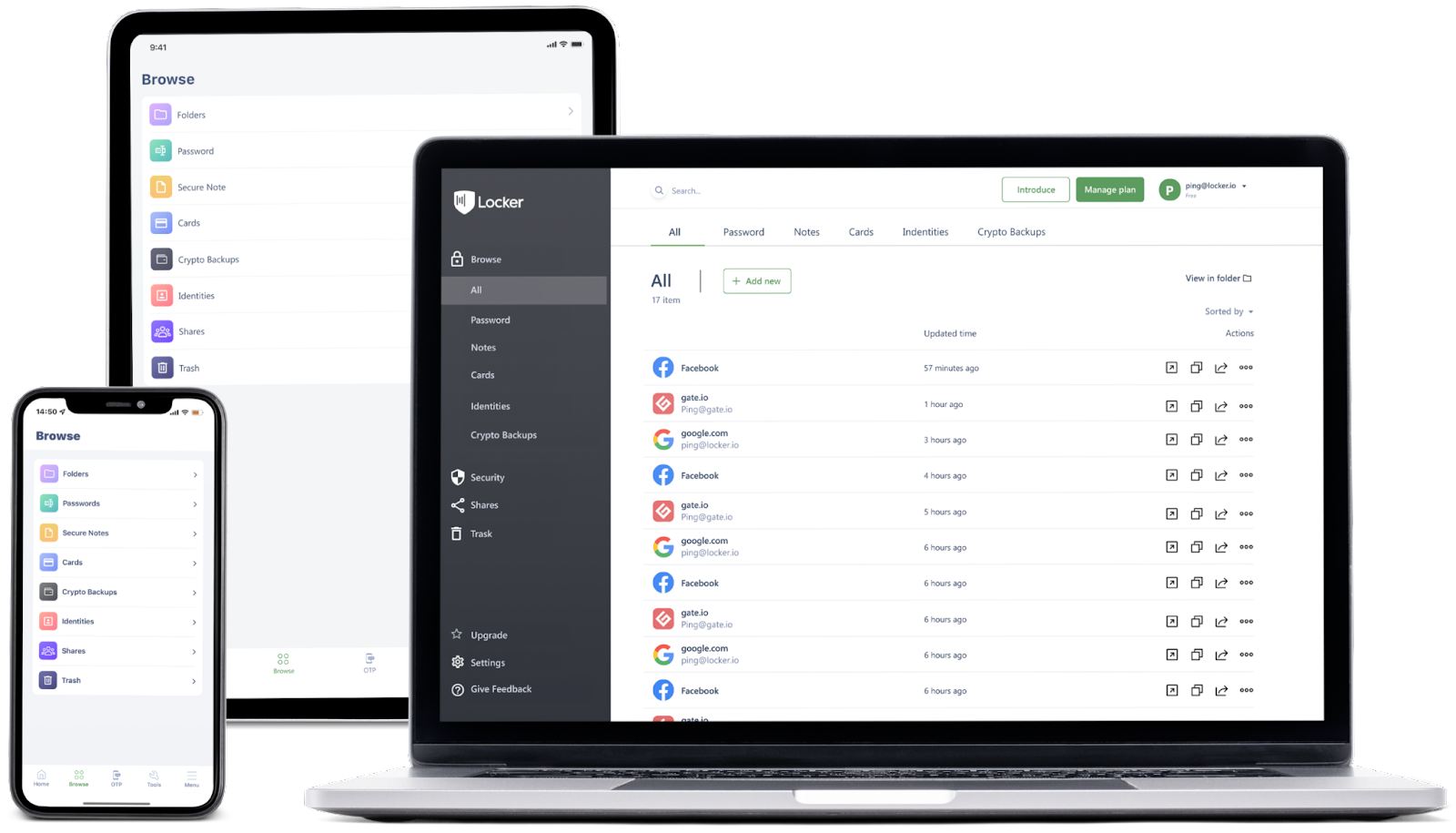 A smartphone, a tablet, and a laptop display the same password manager Locker