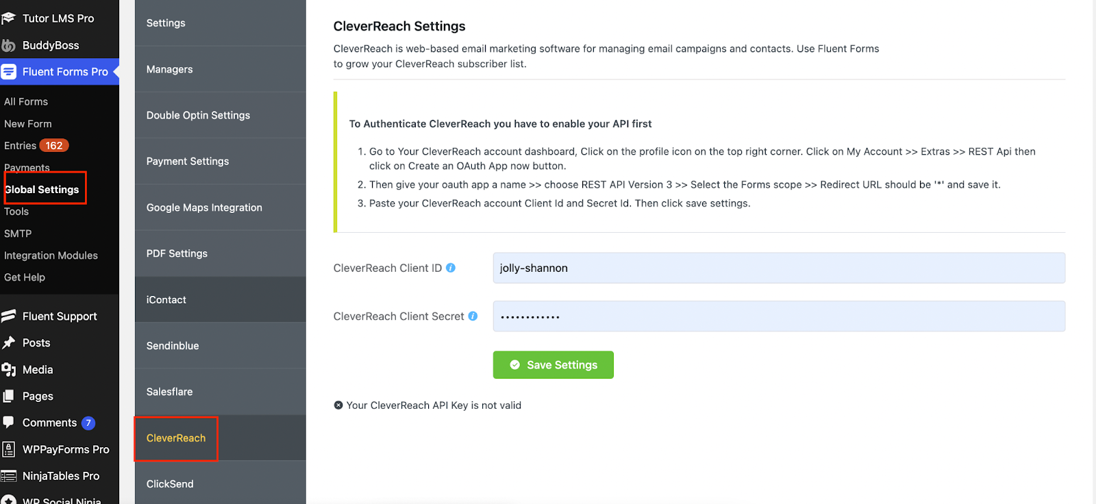 CleverReach, WordPress, Fluent Forms dashbaord