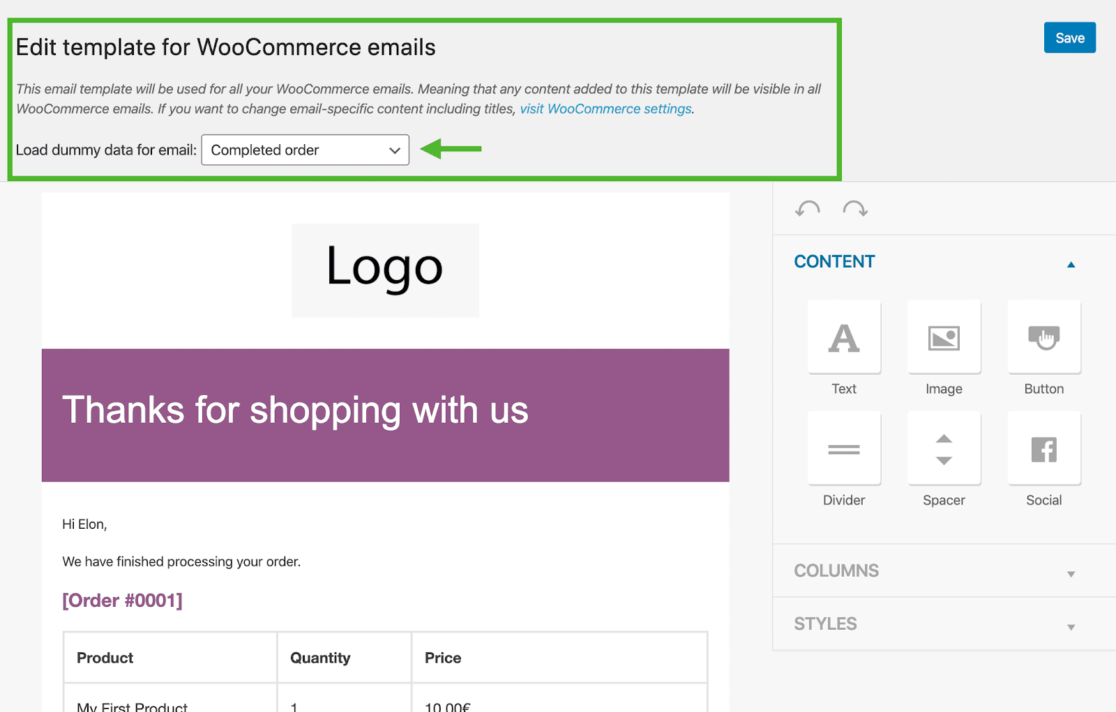 Screenshot of MailPoet's WooCommerce email customizer