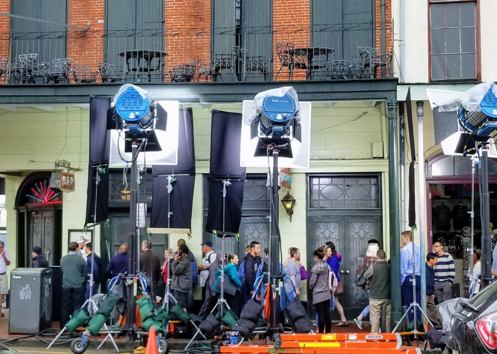 Film set in front of a building in the french quarter of New Orleans