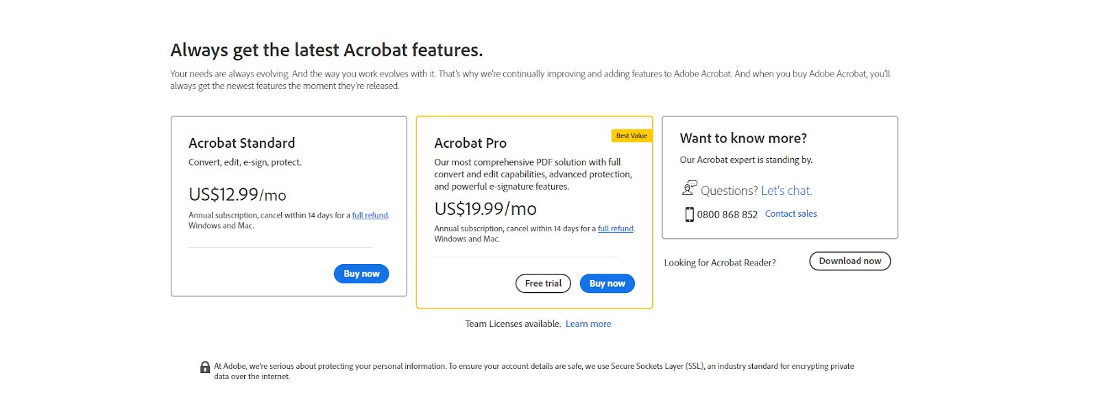 The price of Adobe Acrobat application for both Standard and Pro versions