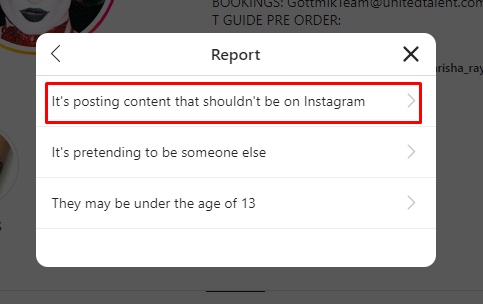 Instagram report menu with one option highlighted by red box