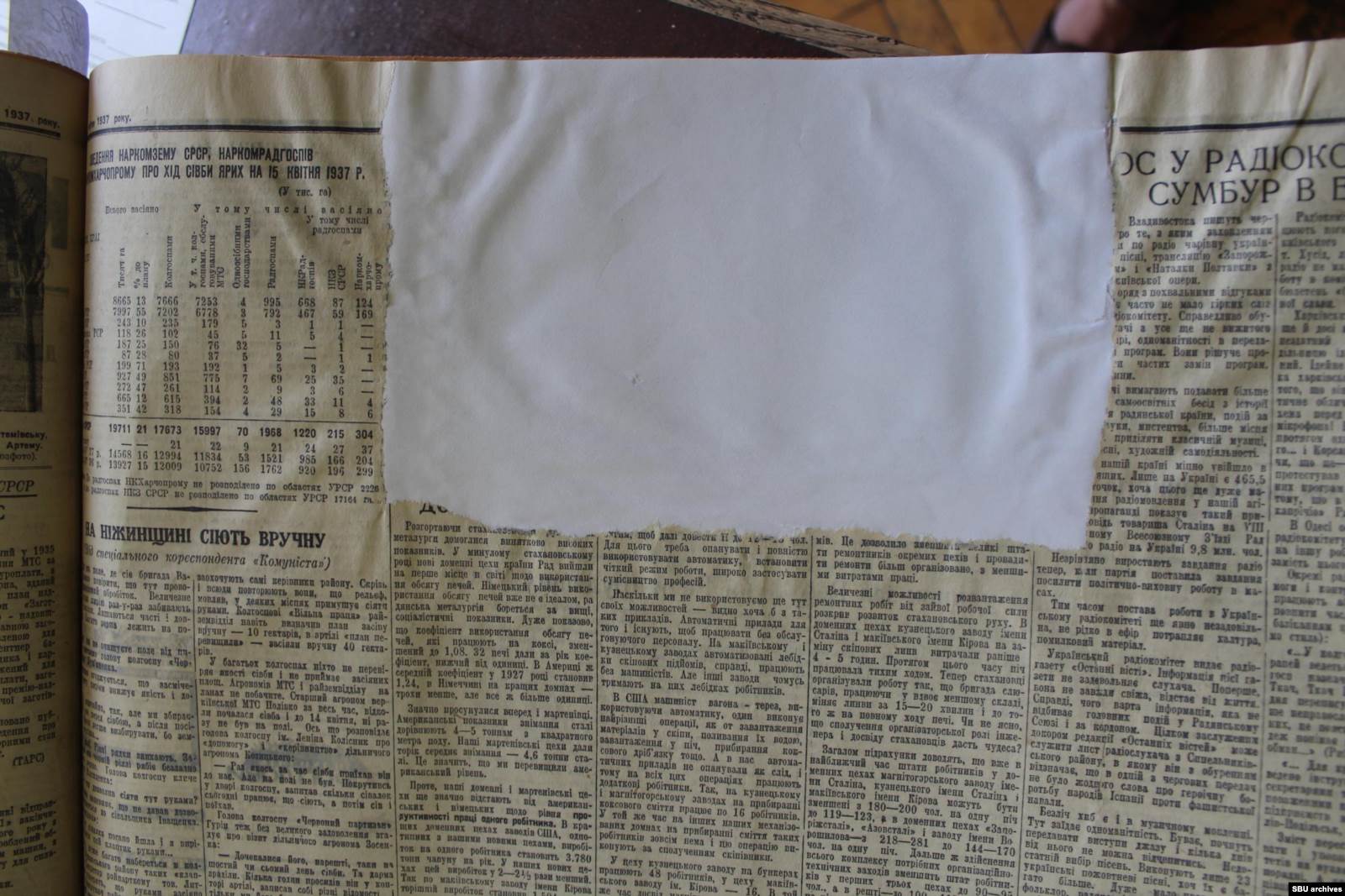 Экземпляр газеты «Комуніст» из библиотеки с вырванной фотографией