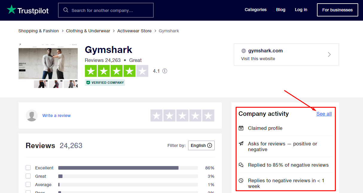 Screenshot of Gymshark Company Activity on Trustpilot