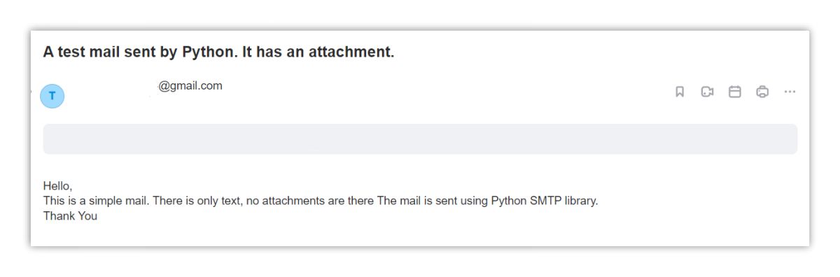 A screenshot showing the view of an outgoing email sent from an application or online service, as displayed in Google Mail after it has been configured as an SMTP server.