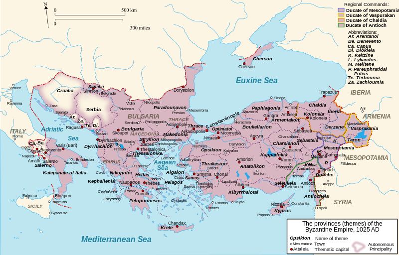 Map of Byzantium during its late golden age, having recaptured Anatolia and the Balkans.