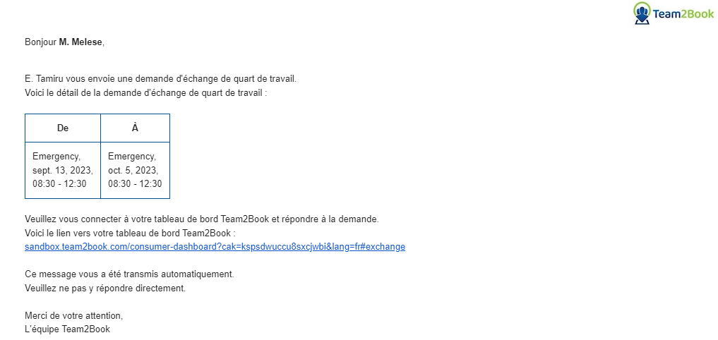 Courriel de demande d'échange de quart de travail