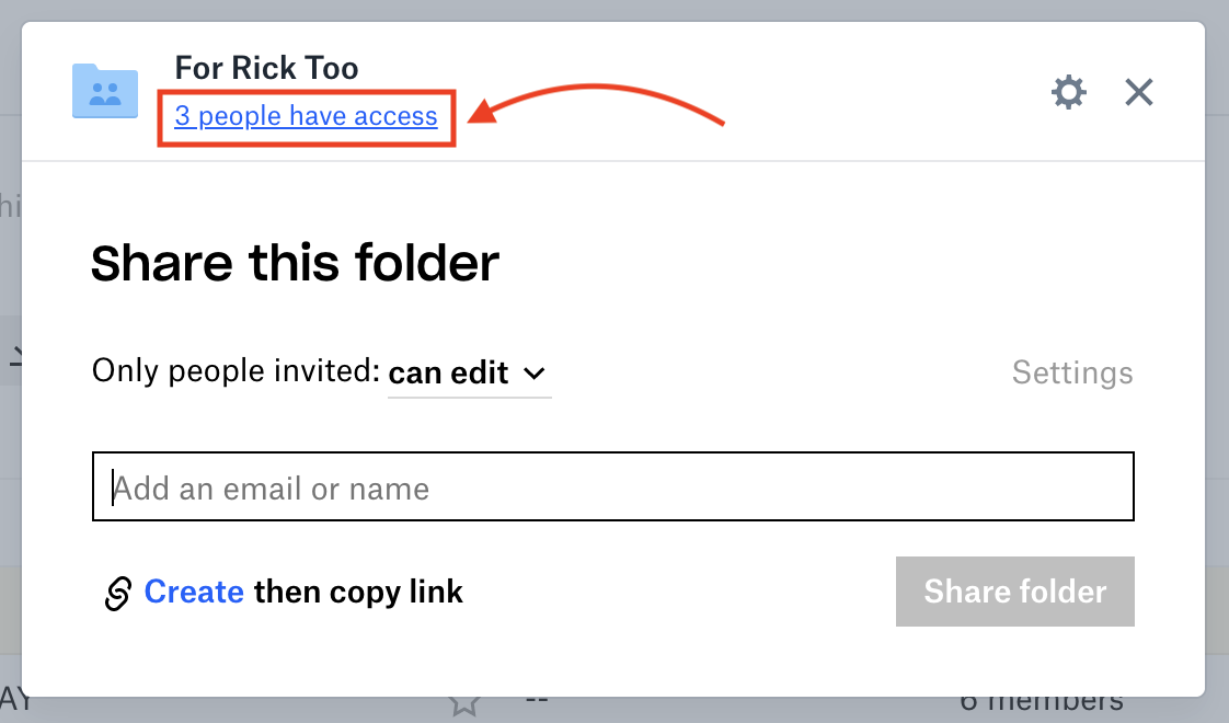 Screen labeled "Share this folder" and at the top, under the folder name, there is a red box around the underlined words in blue "3 people have access" and a red arrow pointing toward it.