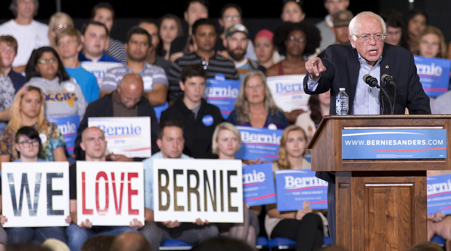 Democratic presidential candidate Sen. Bernie Sanders, I-Vt., speaks during a rally at the Greensboro Coliseum Special Events Center in Greensboro, N.C., Sunday, Sept. 13, 2015. (AP Photo/Rob Brown)