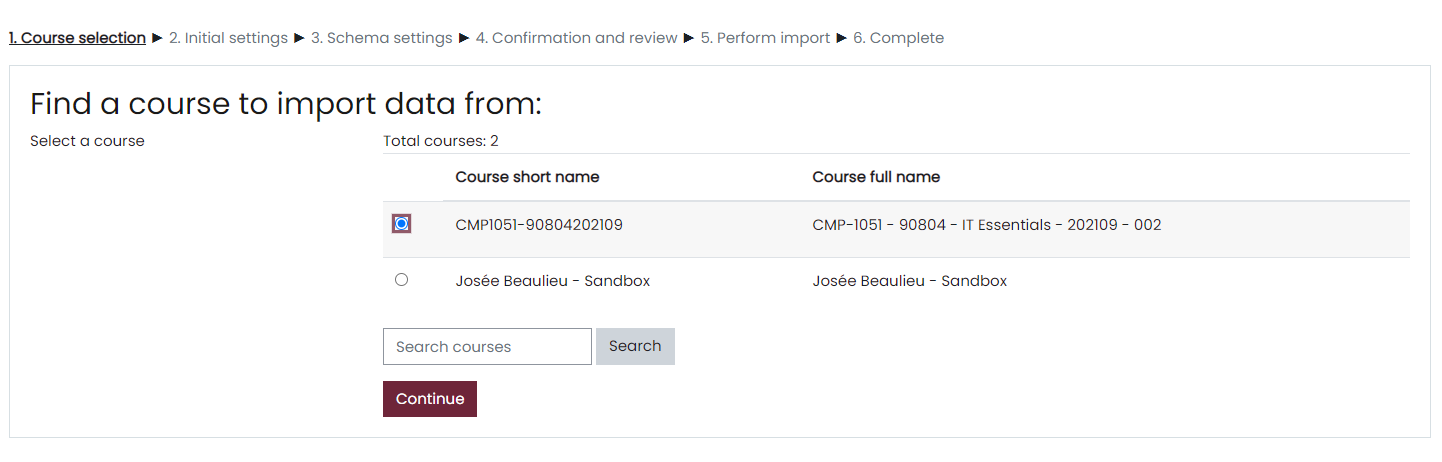 A screenshot of the Find a course to import data from menu in Moodle.