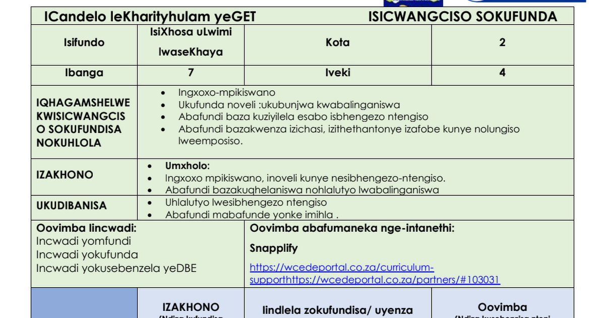 Lesson Plan Get Sp Grade Isixhosa Hl Term Week Wced Eportal Hot Sex Picture