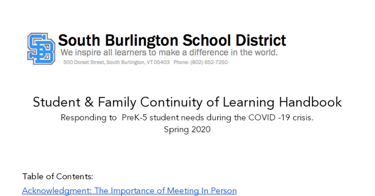 Pre-K-5 Student/Family Version of Remote Learning at SBSD
