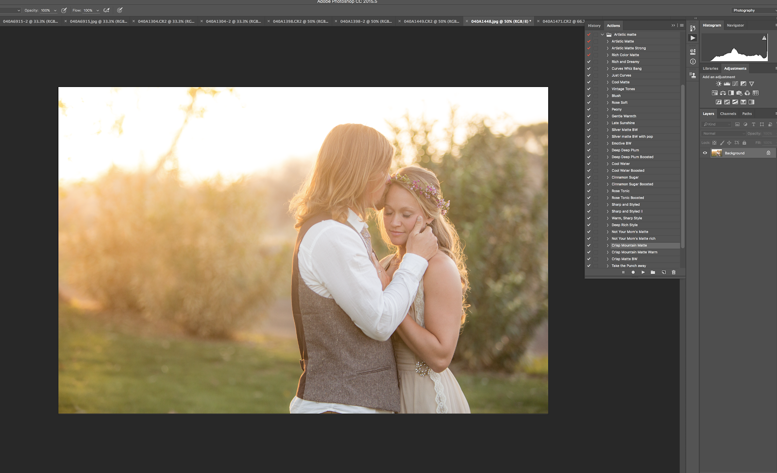 An image of Adobe Photoshop with the actions panel open showing many Pure Photoshop Actions sets.