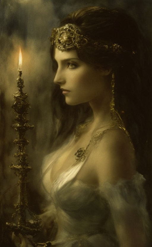 The depicted image showcases a woman with dark hair adorned in a white dress and gold jewelry holding a light in her hand.