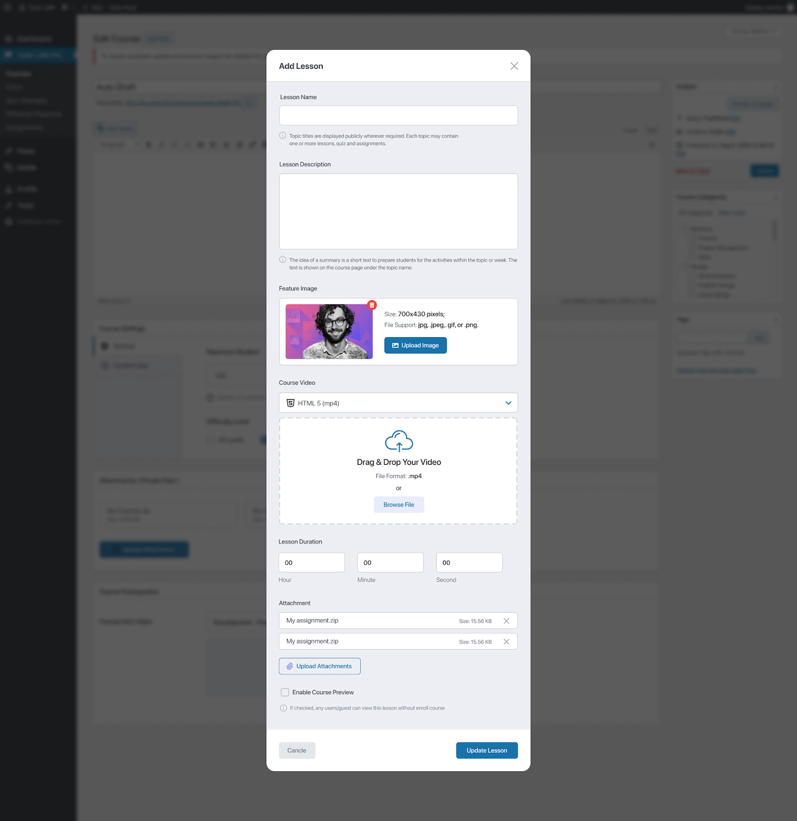 adding a lesson in tutor lms