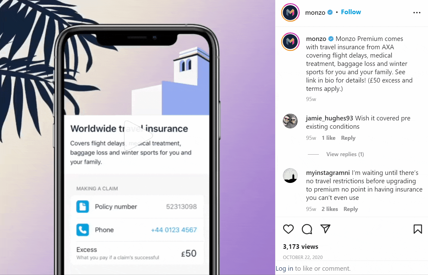 A GIF used by Monzo to promote their travel insurance.