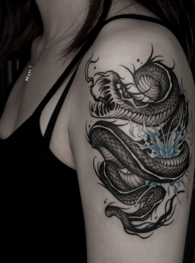 Realistic Snake Tattoo On Shoulder