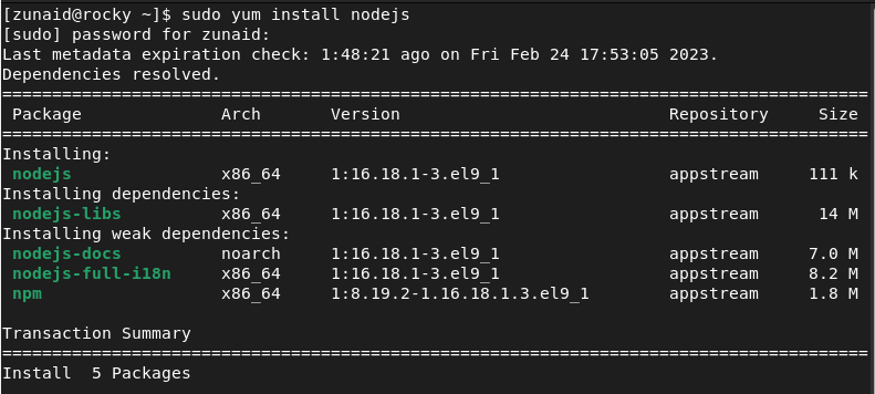 install nodejs Rocky Linux
