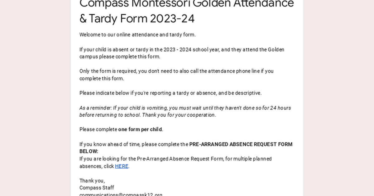 Compass Montessori Golden Attendance & Tardy Form 202324