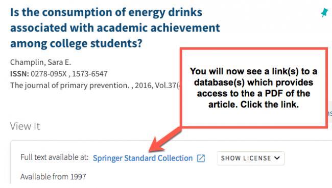 Result after clicking on the Get it! at CSUSM, shows link to a database that offers the article.