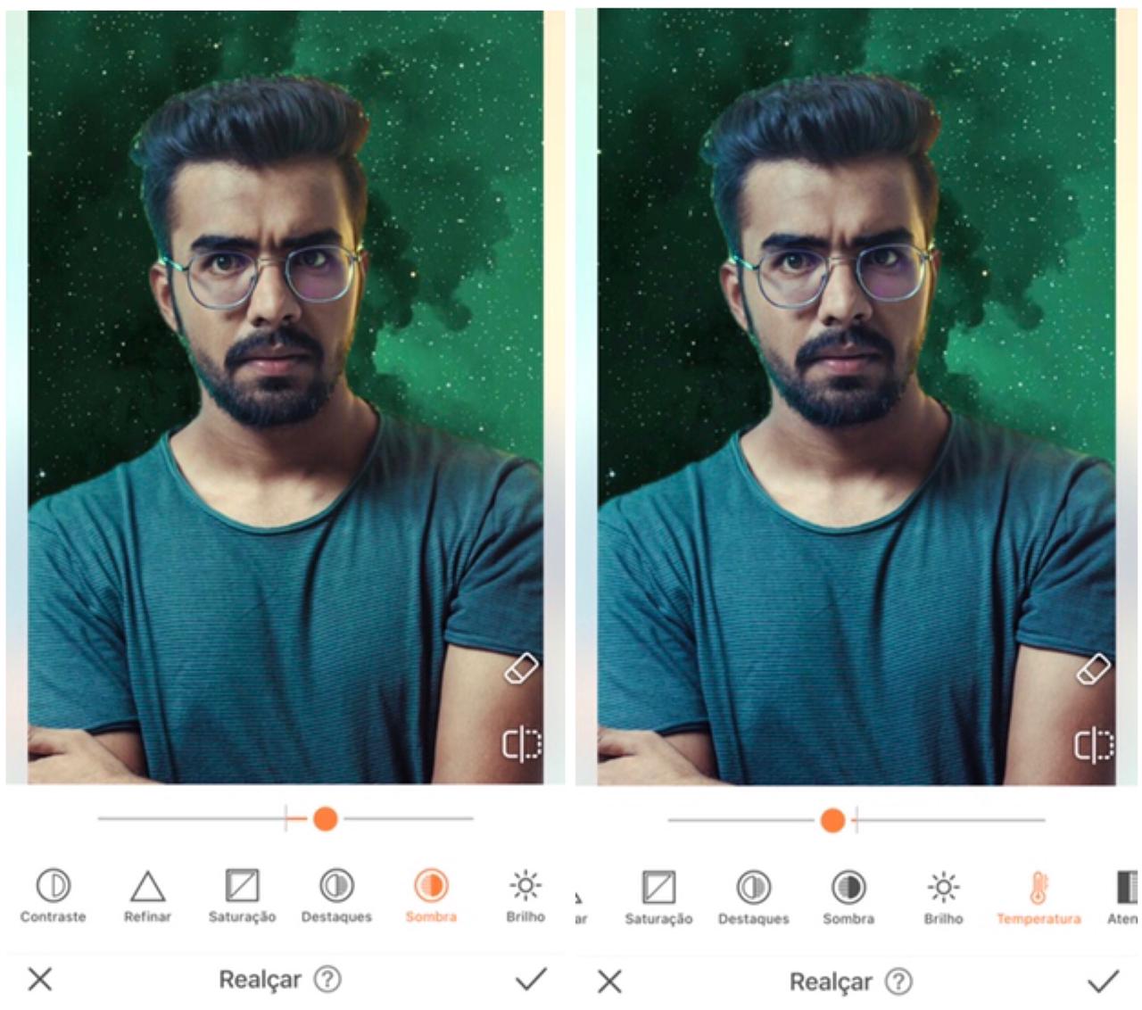 Foto de um homem com braços cruzados sendo editado pelo AirBrush com a ferramenta Realçar