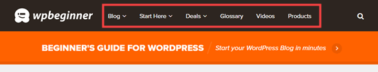 O menu de navegação WPBeginner