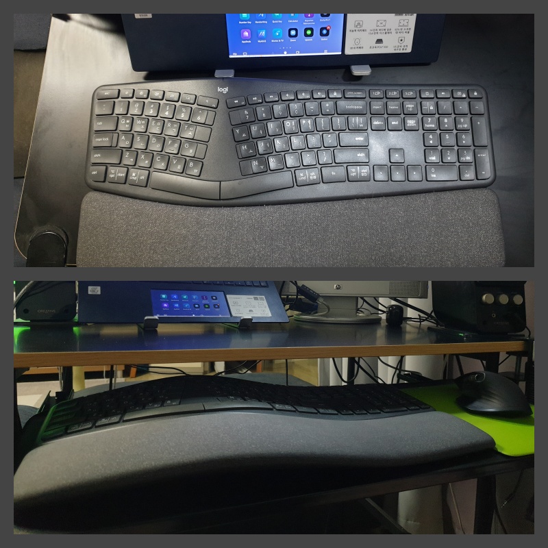 A collage picture of the Logitech K860 wireless ergonomic keyboard, showing its curved design.