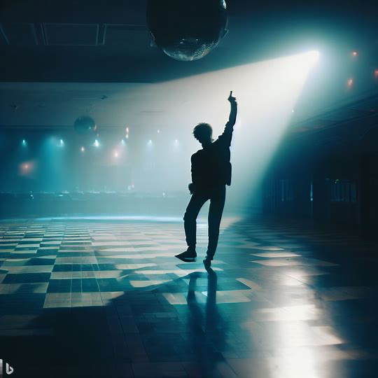 A dark and dingy nightclub with one lone person dancing with himself. 
