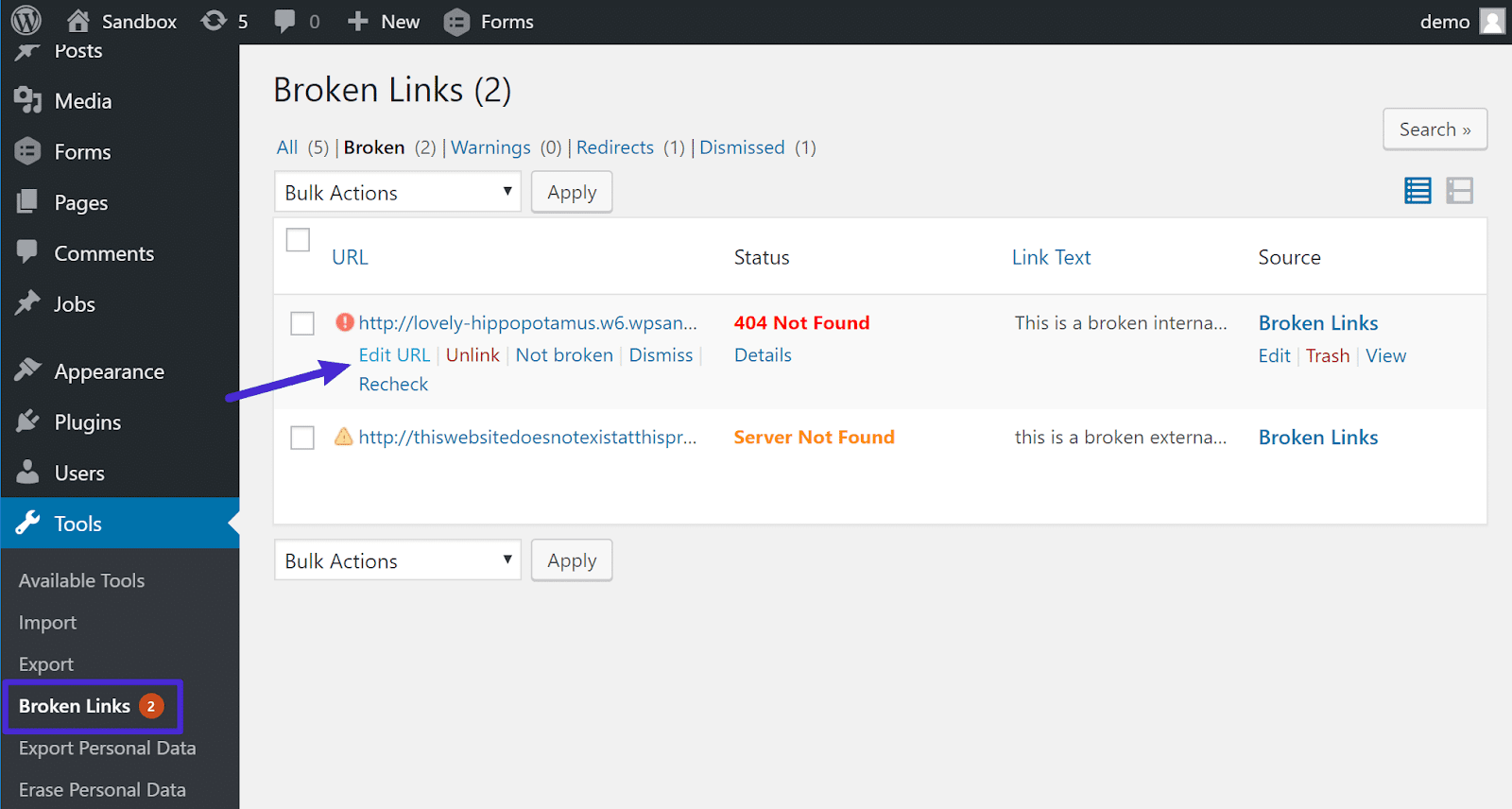 Giao diện plugin Broken Link Checker