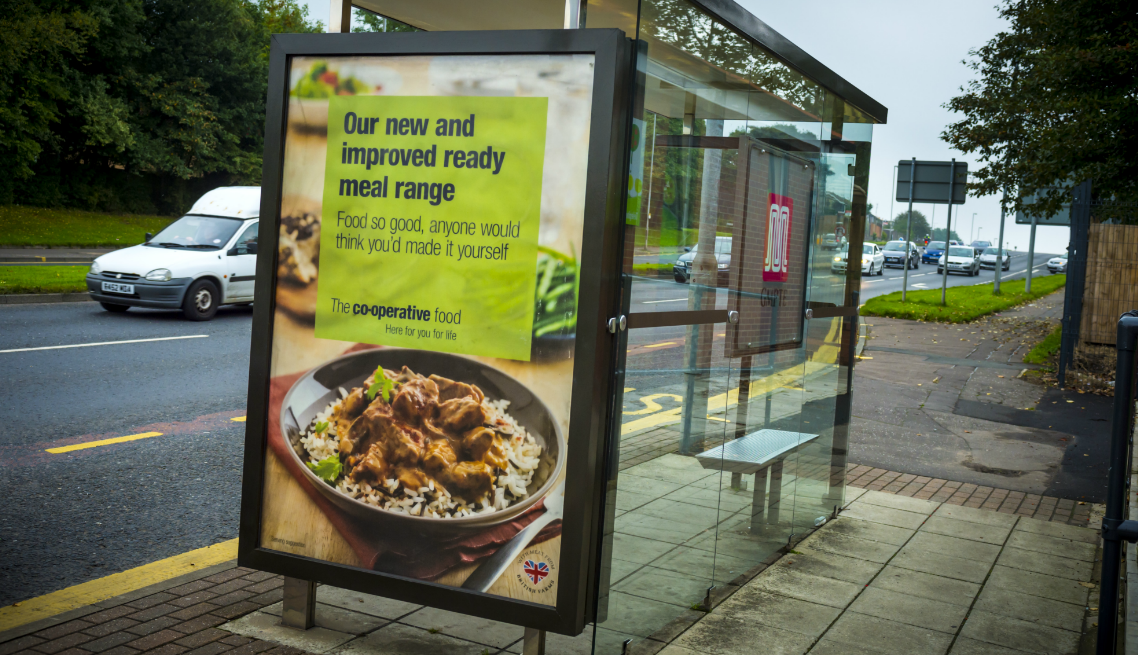 Bus stop outdoor advertising is a great way to reach the commuter audience. Not only do you have the captive audience in the bus stop, but also the traffic going past as seen in this image.