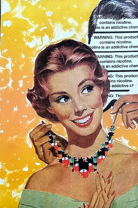 Abstract background in yellow. Man putting necklace around woman's neck. Mans face has cigarette warning labels. Woman smiling away with hands clasped together.