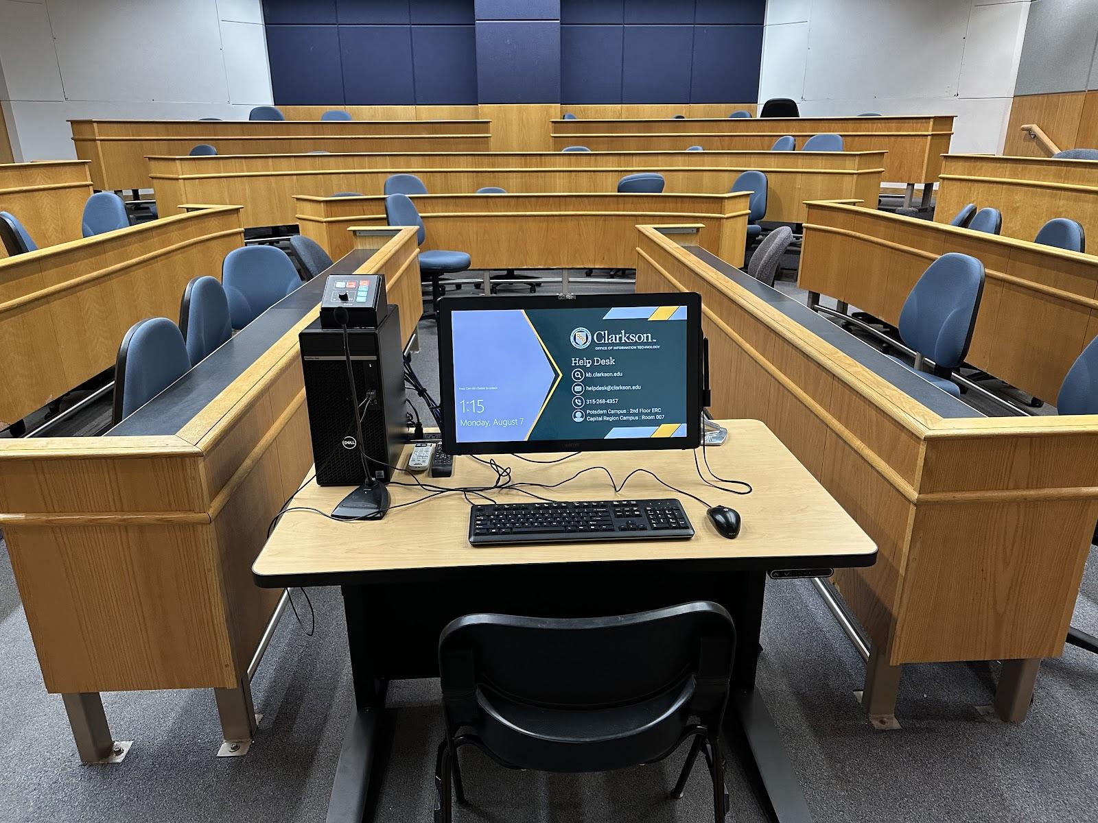 View from behind the instructor station located in the center front of room. 