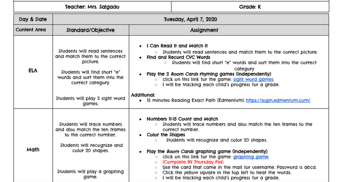 Salgado-Tuesday, 4/7  lesson plans