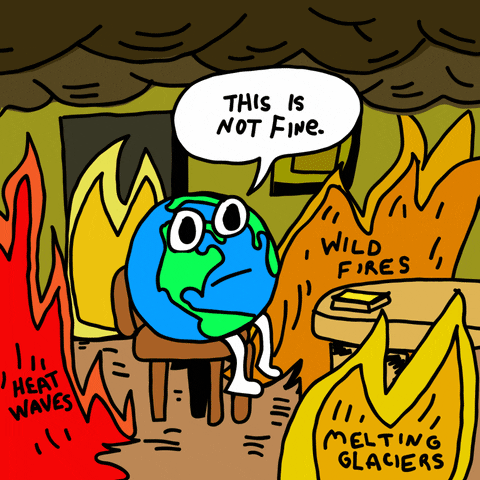 a personification of the Earth sitting on a chair amidst flames thinking this is not fine