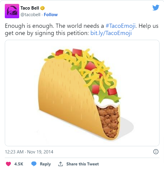 alt="Taco bell using Taco emoji to gain attention of their audience"
