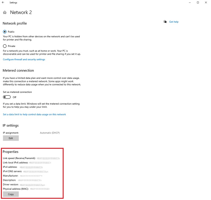 Windows Network settings properties